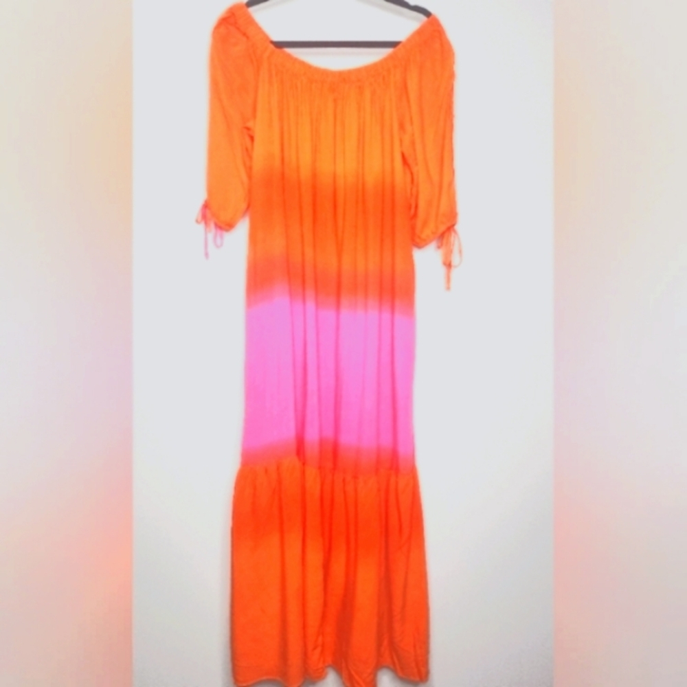 Linea Donatella L Orange Pink Off Shoulder Rayon Blend Breathable Maxi Sundress
